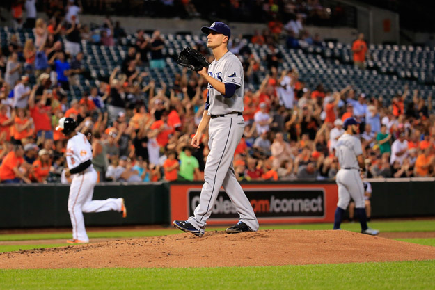 BALTIMORE, MD - AUGUST 25: Starting pitcher Jake Odorizzi #23 of the Tampa Bay Rays looks on after giving up a two RBI home run to the Baltimore Orioles in the third inning at Oriole Park at Camden Yards on August 25, 2014 in Baltimore, Maryland.