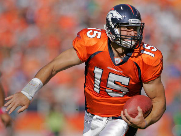 Quarterback Tim Tebow was drafted in the first round by the Broncos in 2010 and played for the Broncos during the 2010 and 2011 seasons before he was traded to the Jets in 2012 after the team signed Peyton Manning.  (Photo by Justin Edmonds/Getty Images)
