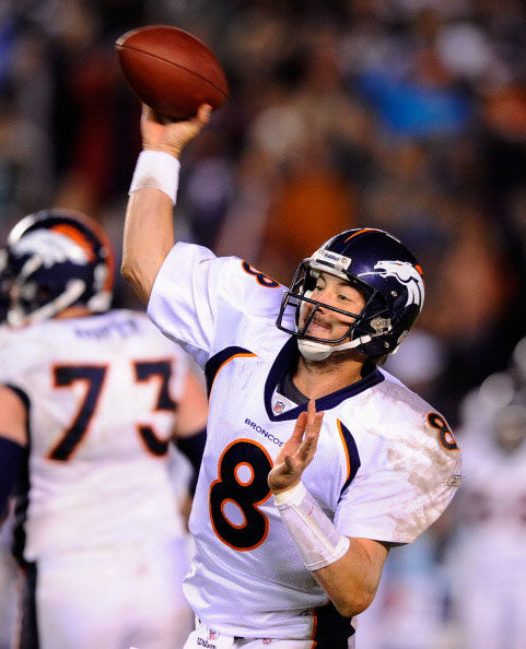 Quarterback Kyle Orton played for the Denver Broncos from 2009 to 2011. (Photo by Kevork Djansezian/Getty Images)