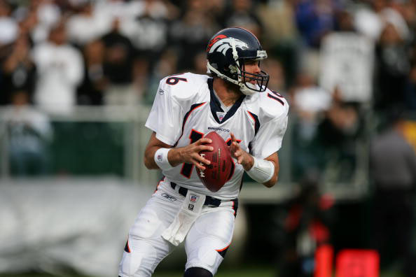 Quarterback Jake Plummer was signed by the Broncos in 2003 and the Broncos reached the AFC Championship game with him as a starter in 2005. He retired after the 2006 season, when he was replaced as a starter by Jay Cutler. (Photo by Jed Jacobsohn/Getty Images)
