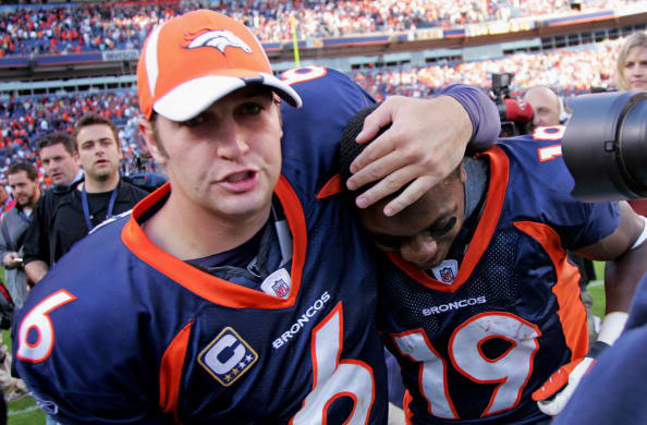 Quarterback Jay Cutler (celebrating with wide receiver Eddie Royal #19) was drafted by the Denver Broncos in 2006 and traded to the Bears in 2009. (Photo by Doug Pensinger/Getty Images)