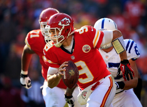 KANSAS CITY, MO - DECEMBER 23: Quarterback Brady Quinn #9 of the Kansas City Chiefs scrambles during the game against the Indianapolis Colts at Arrowhead Stadium on December 23, 2012 in Kansas City, Missouri. (Photo by Jamie Squire/Getty Images)