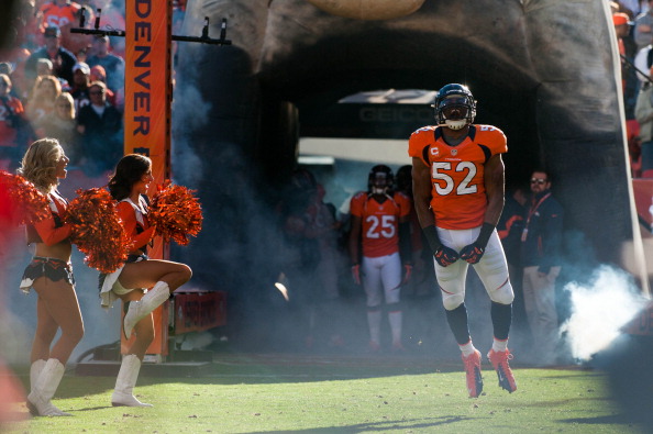 DENVER, CO - DECEMBER 2: outside linebacker Wesley Woodyard #52 of the Denver Broncos runs onto the field as pyrotechnics and fog is released and cheerleaders dance prior to a game against the Tampa Bay Buccaneers at Sports Authority Field Field at Mile High on December 2, 2012 in Denver, Colorado. (Photo by Dustin Bradford/Getty Images)