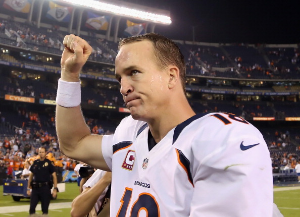 SAN DIEGO, CA - OCTOBER 15:  Quarterback Peyton Manning #18 of the Denver Broncos celebrates his teams 35-24 victory ovet the San Diego Chargers at Qualcomm Stadium on October 15, 2012 in San Diego, California.  (Photo by Jeff Gross/Getty Images)