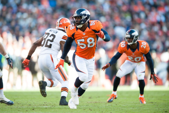 DENVER, CO - DECEMBER 23:  Outside linebacker Von Miller #58 of the Denver Broncos defends during a game against the Cleveland Browns at Sports Authority Field at Mile High on December 23, 2012 in Denver, Colorado. The Broncos defeated the Browns 34-12. (Photo by Dustin Bradford/Getty Images)