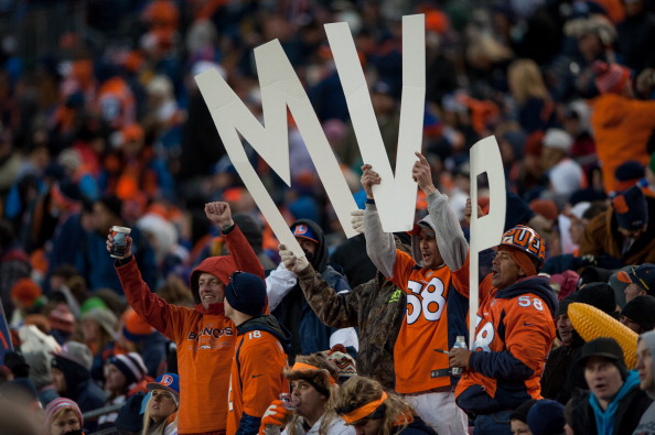 DENVER, CO - DECEMBER 30: A group of Denver Broncos fans holds up large 'MVP' letters in support of the MVP bid of quarterback Peyton Manning #18 during a game against the Kansas City Chiefs at Sports Authority Field Field at Mile High on December 30, 2012 in Denver, Colorado. The Broncos defeated the Chiefs 38-3. (Photo by Dustin Bradford/Getty Images)