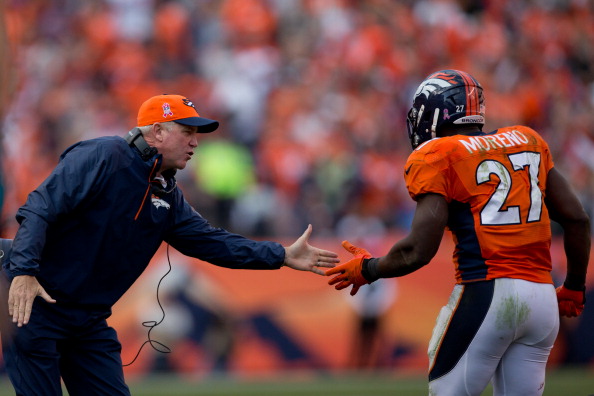 DENVER, CO - OCTOBER 13:  Head coach John Fox of the Denver Broncos celebrates with running back Knowshon Moreno #27 after he scored a third quarter touchdown against the Jacksonville Jaguars at Sports Authority Field Field at Mile High on October 13, 2013 in Denver, Colorado. The Broncos defeated the Jaguars 35-19.  (Photo by Justin Edmonds/Getty Images)
