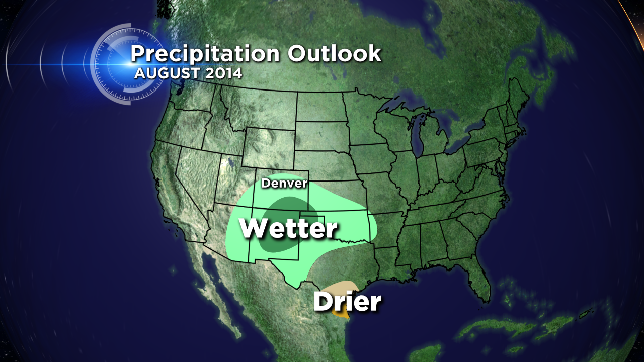 The August 2014 national precipitation outlook from the Climate Prediction Center, released on July 31, 2014. (credit CBS)
