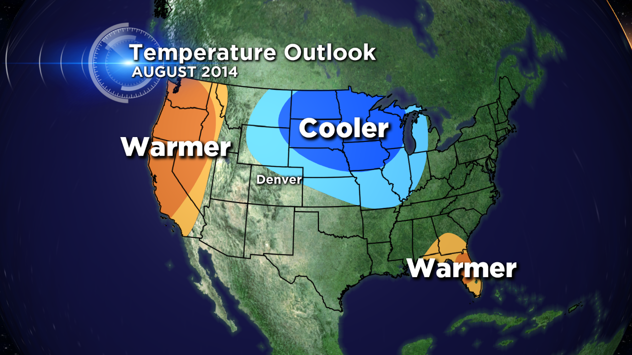 The August 2014 national temperature outlook from the Climate Prediction Center, released on July 31, 2014. (credit CBS)