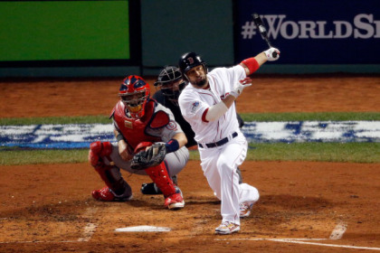 BOSTON, MA - OCTOBER 30: Shane Victorino #18 of the Boston Red Sox hits a three run double in the third inning against the St. Louis Cardinals during Game Six of the 2013 World Series at Fenway Park on October 30, 2013 in Boston, Massachusetts.