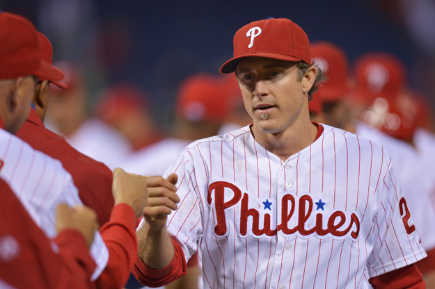 PHILADELPHIA, PA - SEPTEMBER 17:  Chase Utley #26 of the Philadelphia Phillies celebrates with teammates after a win over the the Miami Marlins 6-4 at Citizens Bank Park on September 17, 2013 in Philadelphia, Pennsylvania.  