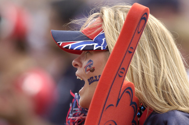 A Bills fan shouts for her team during a game between the Atlanta Falcons and Buffalo Bills at Ralph Wilson Stadium in Orchard Park, New York on September 25, 2005. Atlanta won the game 24-16. 