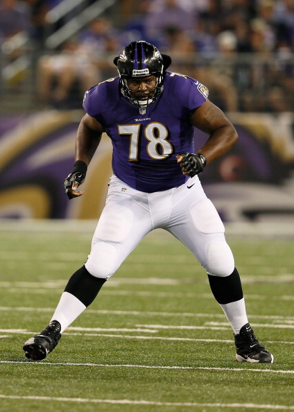 BALTIMORE, MD - AUGUST 17: Bryant McKinnie #78 of the Baltimore Ravens pass blocks against the Detroit Lions at M&T Bank Stadium on August 17, 2012 in Baltimore, Maryland.  (Photo by Rob Carr/Getty Images)