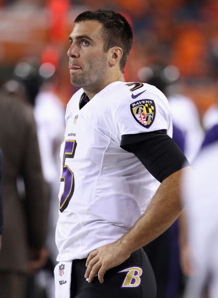 DENVER, CO - SEPTEMBER 05:  Quarterback Joe Flacco #5 of the Baltimore Ravens looks on from the bench late in the game as they were defeated 49-27 by the Denver Broncos in the NFL season opener at Sports Authority Field at Mile High on September 5, 2013 in Denver, Colorado.  (Photo by Doug Pensinger/Getty Images)