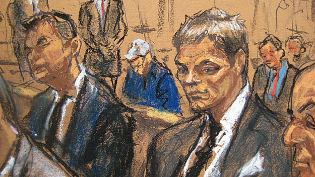 Tom Brady in court, August 12, 2015. (Sketch by Jane Rosenberg)