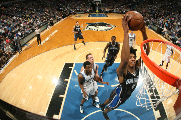 Elfrid Payton #4 of the Orlando Magic goes up for a dunk against the Minnesota Timberwolves.
