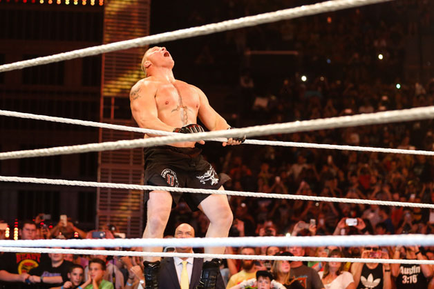 Brock Lesnar enters the ring at the WWE SummerSlam 2015 at Barclays Center of Brooklyn on August 23, 2015 in New York City.