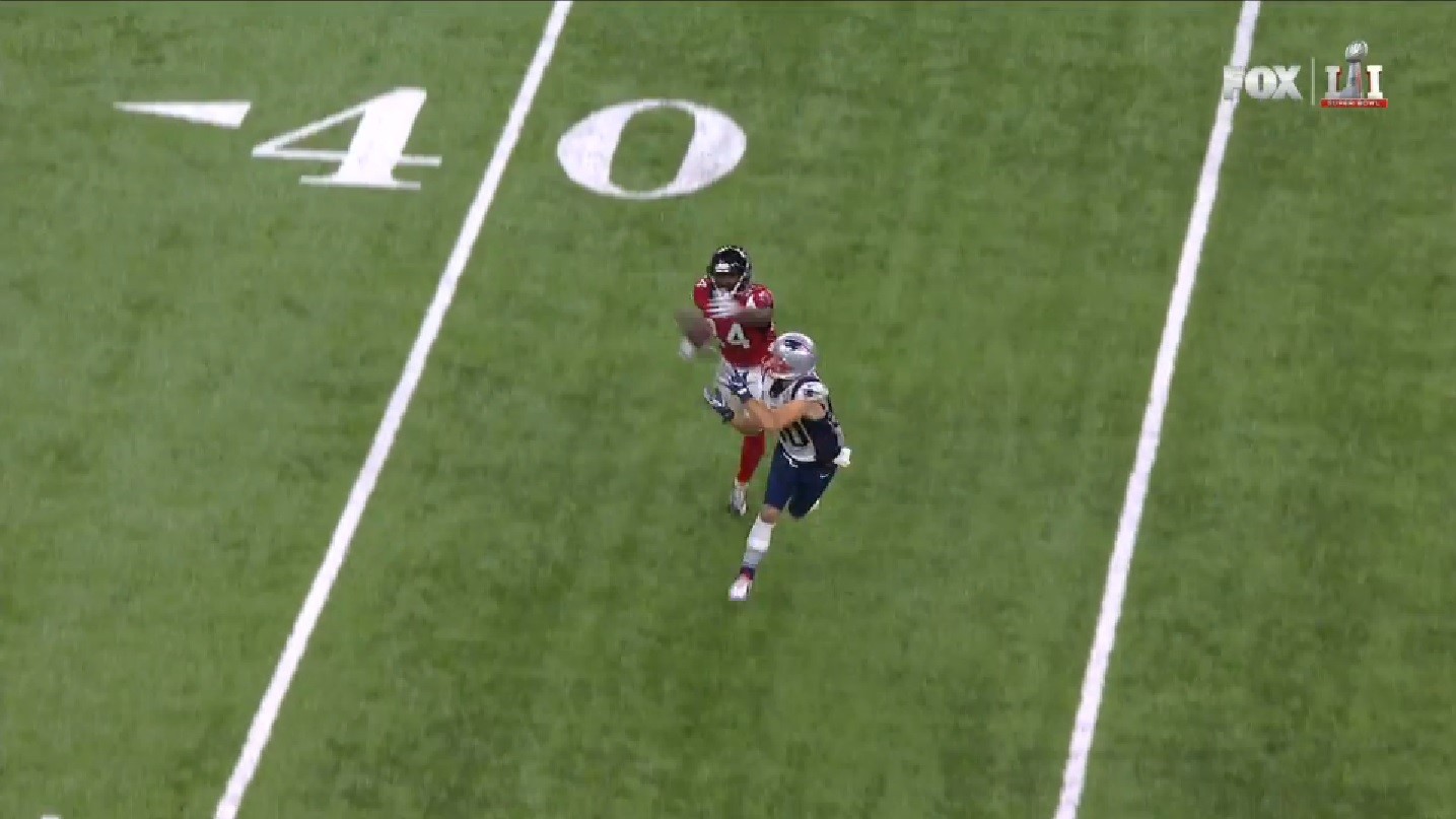 Tom Brady makes a throw to Danny Amendola in overtime of Super Bowl LI. (Photo credit: NFL Gamepass)